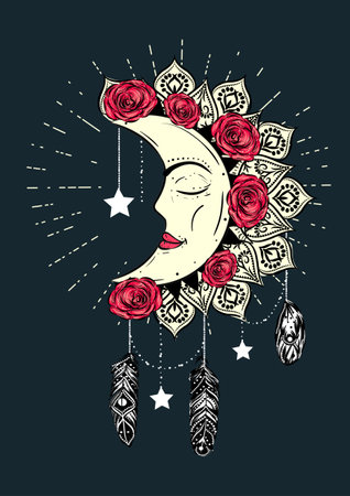 Hand-drawn moon mandala dreamcatcher with feathers, stars and roses. Vintage, boho, gypsy style. Sunburst retro motifs.のイラスト素材