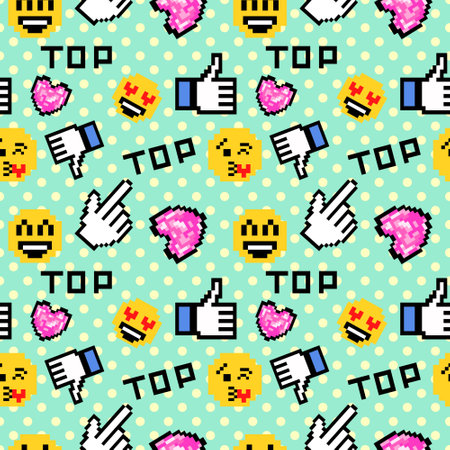 Social media seamless background with signs. Pixel pattern in 90s style.のイラスト素材