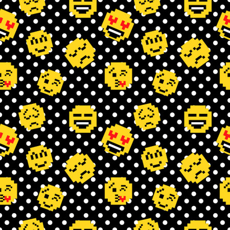 Retro pixel art seamless pattern with smiles. 80s and 90s styleのイラスト素材