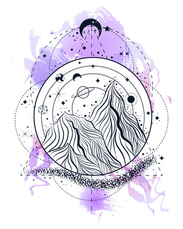 Boho tattoo art style with mountains. Symbol of exploring and travel addiction concept.のイラスト素材