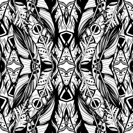 Abstract boho pattern with feathers. Ethnic and gypsy style.Can be used for textile, phone case print.のイラスト素材