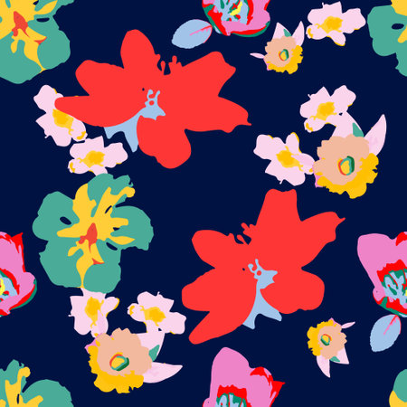 Trendy floral seamless pattern. Colorful groovy artwork, backdrop with flowers.のイラスト素材