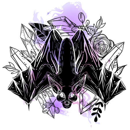 Vintage boho tattoo art style illustration with bat at floral backgroud and crystal gems.のイラスト素材