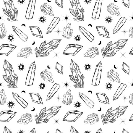 Seamless pattern with hand-drawn magic crystals. Dark, gothic, gypsy background. Witchcraft minerals.のイラスト素材