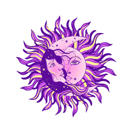 Sun eclipse concept. Vector illustration of astronomy and astrology symbol. Vintage, Boho or gypsy styleのイラスト素材