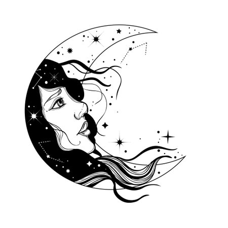 Boho illustration with moon face at gypsy style.Astrology and alchemy vibes. Can be used for textile, phone case, flash tattooのイラスト素材