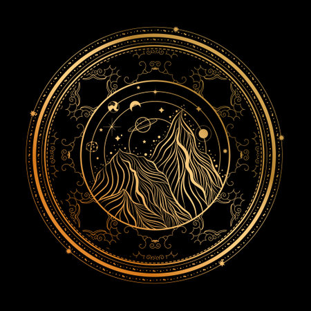 Boho tattoo art style with mountains. Symbol of exploring and travel addiction concept.のイラスト素材