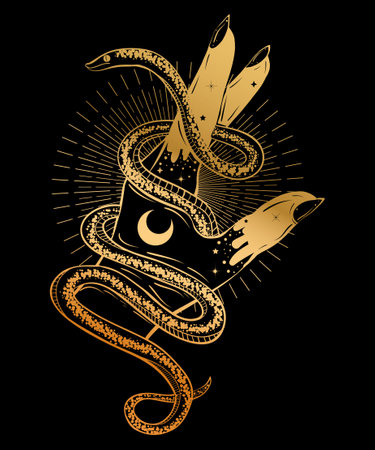 Hand with snake bohemian illustration. Tattoo art style. Decorative drawing in flash tattoo style.のイラスト素材