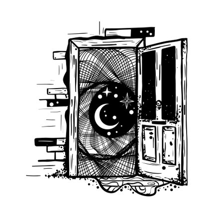 Open door in universe tattoo art style illustration. Symbol of imagination, creative idea, motivation, new life. Surreal art.のイラスト素材