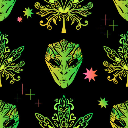 Astronauts and Alien in space cartoon vector illustration. Space travel and exploration seamless patternのイラスト素材