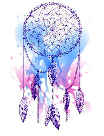 Handdrawn dream catcher with feathers and watercolor effect. Bohemian, hippie style, 60s. EPS 10.のイラスト素材