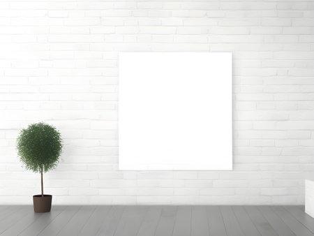 Minimalism interior with mock up art frame at white brick wall. Template.の素材