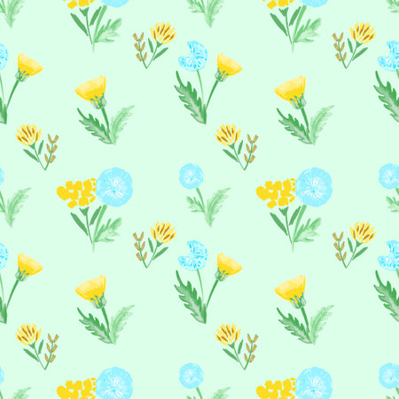 Watercolor dandelion field seamless pattern with light background for cover, packaging, fabric decorative design. Abstract texture.のイラスト素材