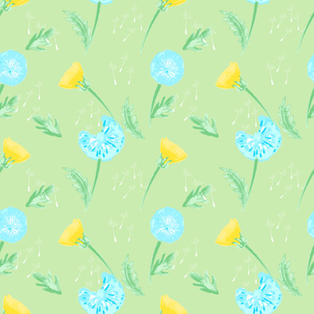 Watercolor dandelion field seamless pattern with light backgroud for cover, packaging, fabric decorative design. Abstract texture.のイラスト素材