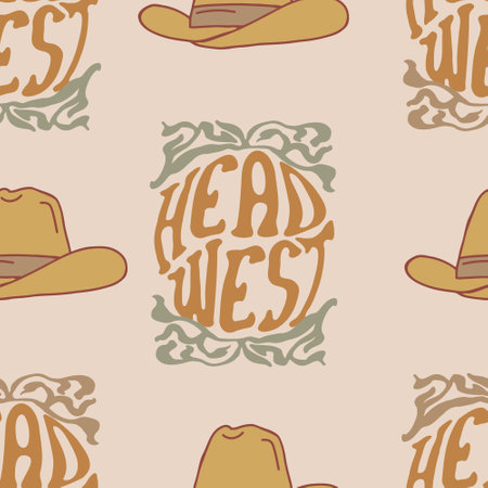 Head west travel emblem seamless pattern. Groovy western background. Cowboy texture.のイラスト素材