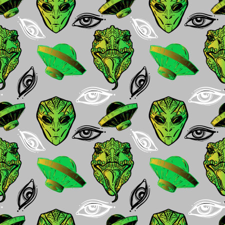Conspiracy theories sketch seamless pattern. reptilians lizard people and alien politicians controls planet, aliens, flying saucerのイラスト素材