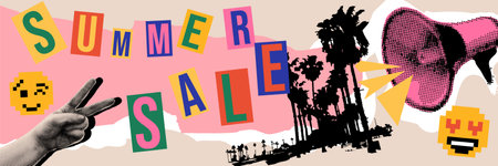 Retro collage summer sale banner. Stories highlights. Advertising vector poster
