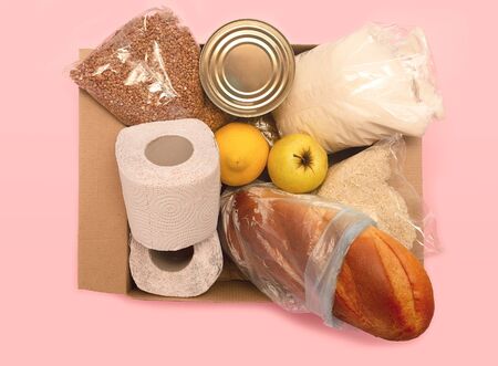 Donat coronavirus. Delivery of products. donation box. Volunteer collects food. Help with the...