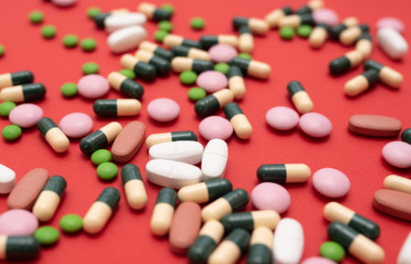 Pills capsules and vitamins from diseases and viruses on a red background. Close-up.の写真素材