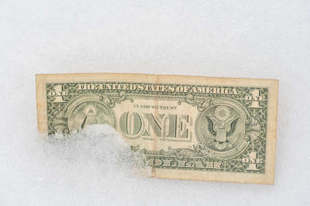 Dollar in the snow. Frozen money concept. Bank crisis. The economy is frozen. Close-up.