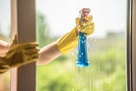 Female hands in gloves splash cleanser on the window. To wash a window. House cleaning.