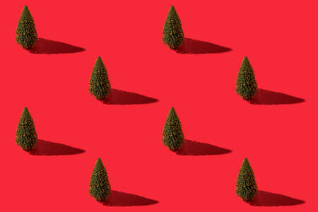 Green Christmas tree with black shadow on a red background. Pattern. Holiday.の写真素材