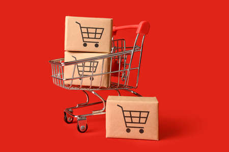 Online buying and selling goods in the store. Online store concept. On a red background.