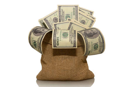 Bag with money. On white background. Wealth and investment concept.の写真素材