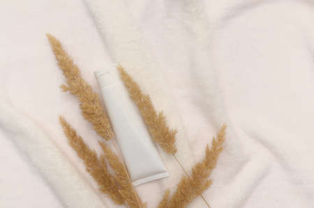 Cosmetic white cream and dry flowers on a white background. close-up.