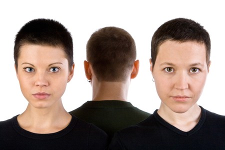 Two woman's faces and man's nape with short hairstyles line upの写真素材