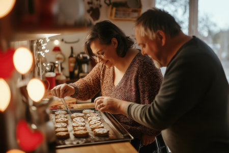 Mature couple sharing a joyful moment while decorating cookies in a cozy holiday settingの素材