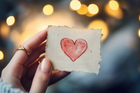 Close-up of a hand holding a handmade card with a hand-drawn red heart, featuring warm blurred lights in the backgroundの素材