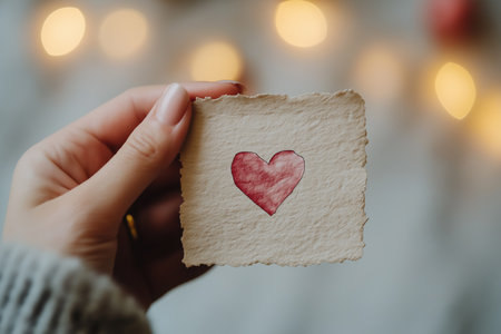 Close-up of a hand holding a textured handmade card with a bright red heart drawing, blurred warm lights in the backgroundの素材