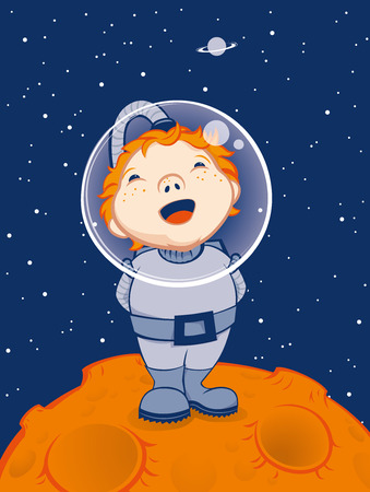 A redhead boy dressed as an astronaut is standing on the moon and looking at the stars and planet saturn.のイラスト素材