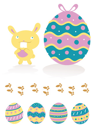 A cute easter bunny with a big tooth is looking up to a big decorated easter egg. There are also a trail of bunny?s footprints and four different decorated easter eggs.のイラスト素材