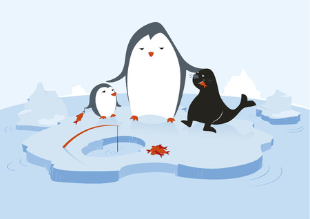 One big penguin is feeding a little penguin and a seal with fresh fish in a glacial environment with water and icebergs.のイラスト素材