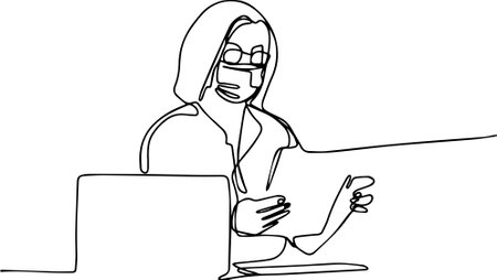 Happy old businesswoman interviewing distance applicant, senior seeker searching job online minimalism Line concept. Old hr manager checking female job applicant  in medical mask.のイラスト素材