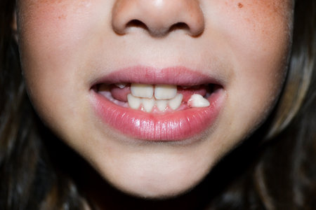 the childs milk teeth fall out, the girls milk tooth is loose, freckles on the childs cheeks. High quality photoの写真素材