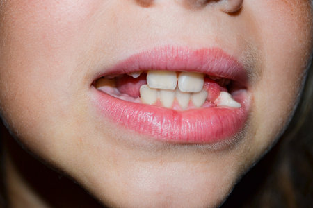 the childs milk teeth fall out, the girls milk tooth is loose, freckles on the childs cheeks. High...