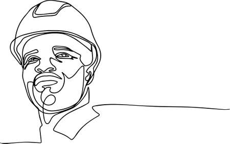Portrait of african american man architect at building site looking at camera. Confident construction manager wearing hardhat. Successful mature civil engineer at construction. Vector illustrationのイラスト素材
