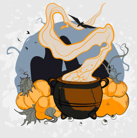 Poster in style of holiday all evil Halloween. Copper pot with boiling water, hat, broom. Vector cartoon close-up illustration. Vector illustrationのイラスト素材