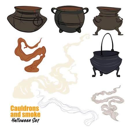 Witches black cauldron with boiling magic potion isolated on white background. Decorative element for Halloween. illustration for any design. Vector illustrationのイラスト素材