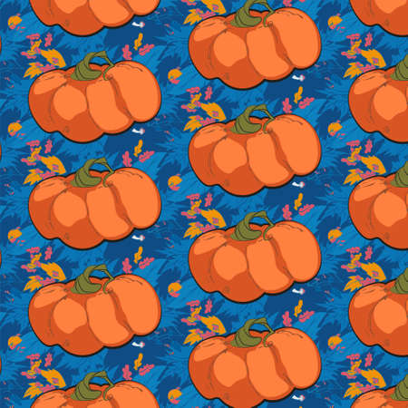 textured seamless ornament with orange, beige, cream pumpkins on the turquoise backdrop, perfect for prints on wrapping paper, fabric, wallpaper, as a background or backdrop for the theme of Halloweenのイラスト素材