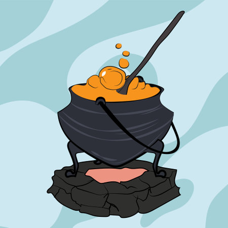Witch cauldron with green potion. Halloween holiday symbol for scary card, invitation or poster on white background. Spooky halloween element. Vector illustrationのイラスト素材
