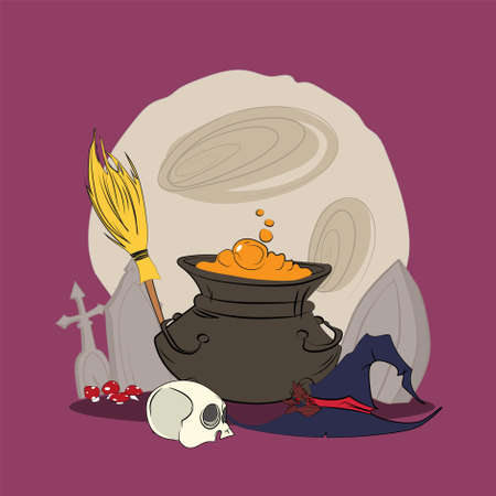 Witch cauldron with green potion. Halloween holiday symbol for scary card, invitation or poster on white background. Spooky halloween element. Vector illustrationのイラスト素材
