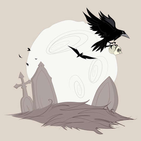Halloween background with tombstone, skull, and crow. Vector illustrationのイラスト素材