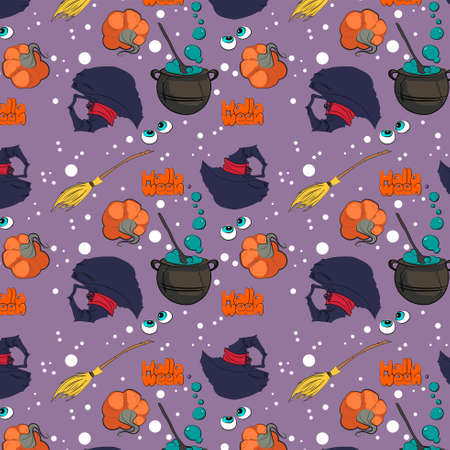 Halloween seamless pattern with purple witch hat, broom, pumpkin, candy, halloween dessert. Witchs cauldron and white dots on purple background. Halloween festival. Vector illustrationのイラスト素材