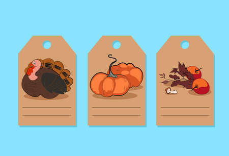 Funny Thanksgiving tags with turkey, pumpkins and autumn vegetables. Vector illustrationのイラスト素材