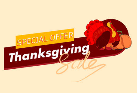 Happy Thanksgiving sale banner or invitation. Turkey and pumpkin. Colorful vector illustration isolated on light background. Vector illustrationのイラスト素材