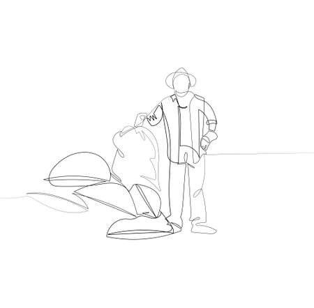 full length portrait of a mature farmer standing next to a pile of burlap sacks isolated on white. Vector illustrationのイラスト素材
